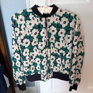 Who What Wear White Floral Quilted Bomber Jacket with Green Leaves